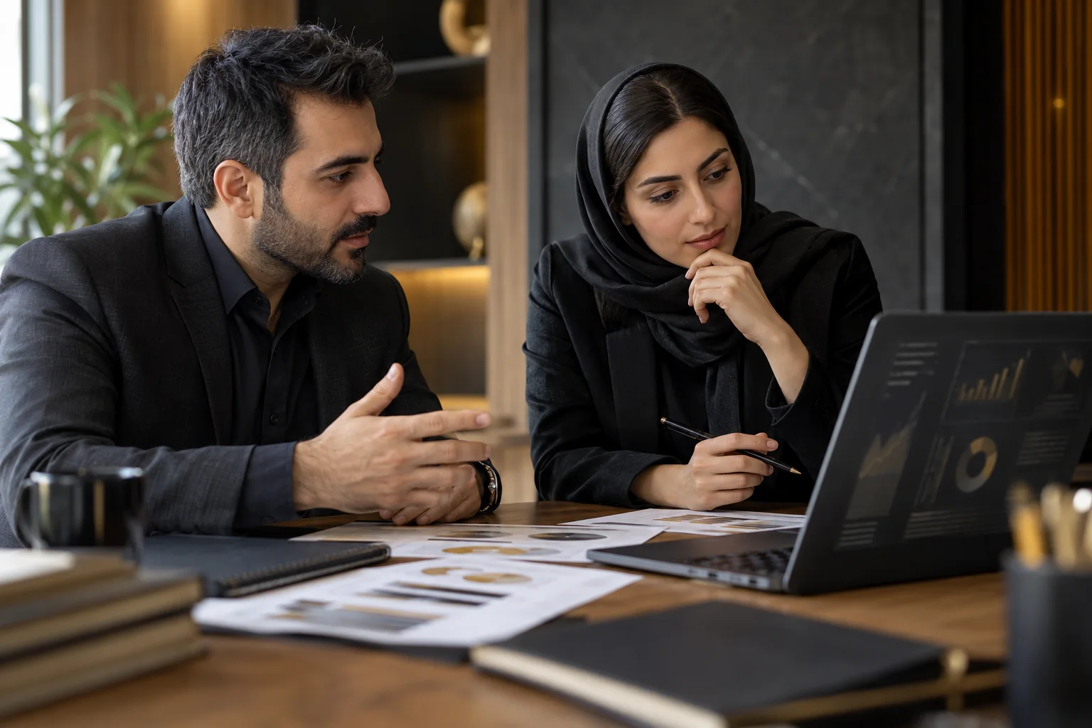 تیم مالی در حال همکاری روی گزارشها و ابزارهای تحلیلی